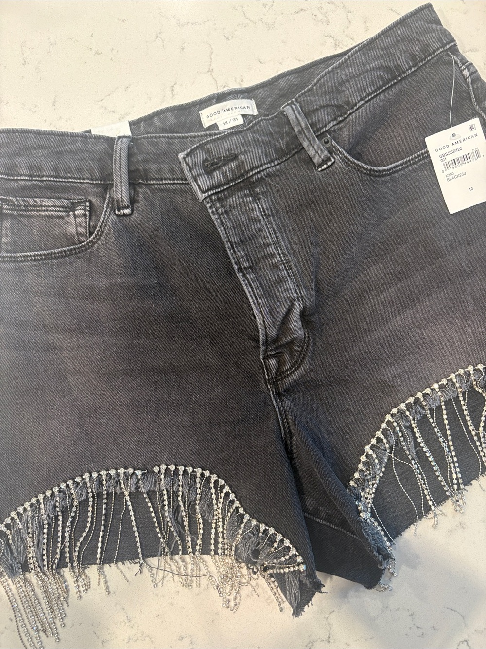 Good American Black Denim Shorts with Beaded Fringe Hem